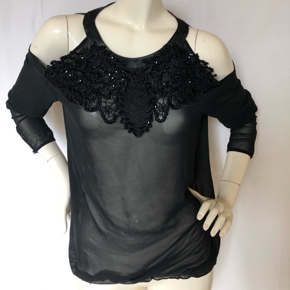 Genese London Black chiffon beaded lace detail Top - Picture 2 of 8